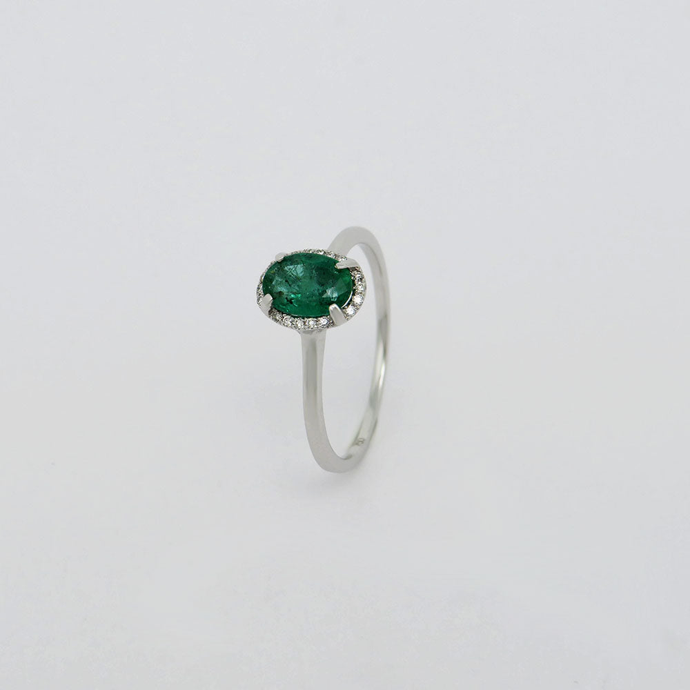 Ring with 0.04ct TW-si brilliant-cut diamond and 0.80ct emerald in 750/18K White Gold size 54