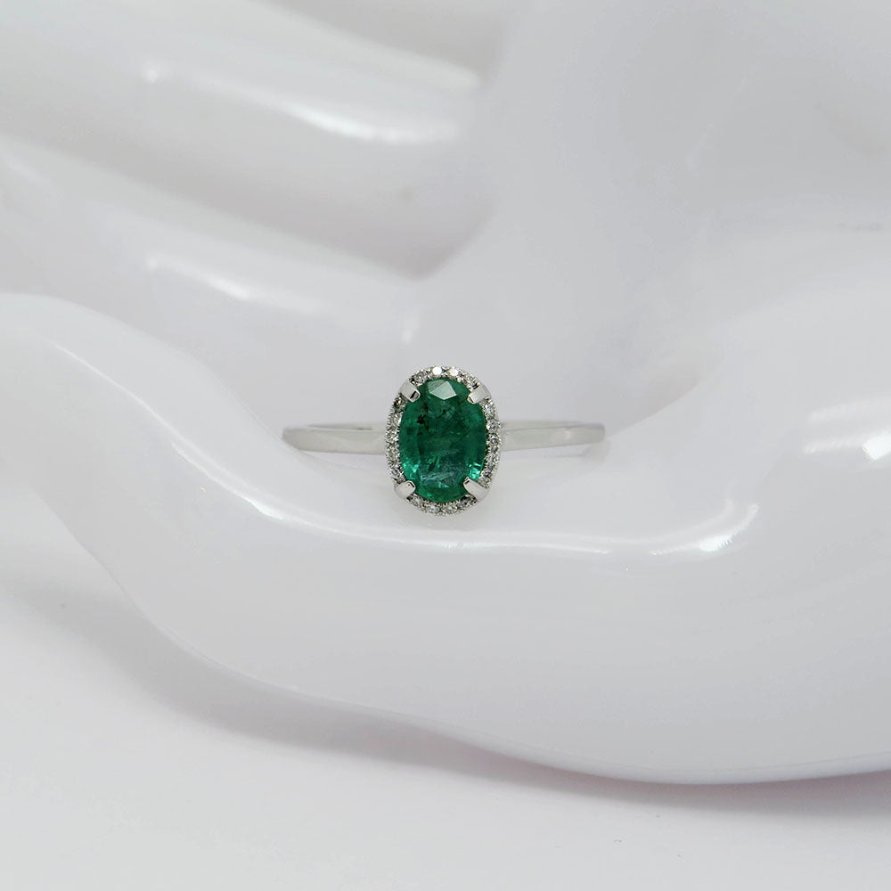 Ring with 0.04ct TW-si brilliant-cut diamond and 0.80ct emerald in 750/18K White Gold size 54