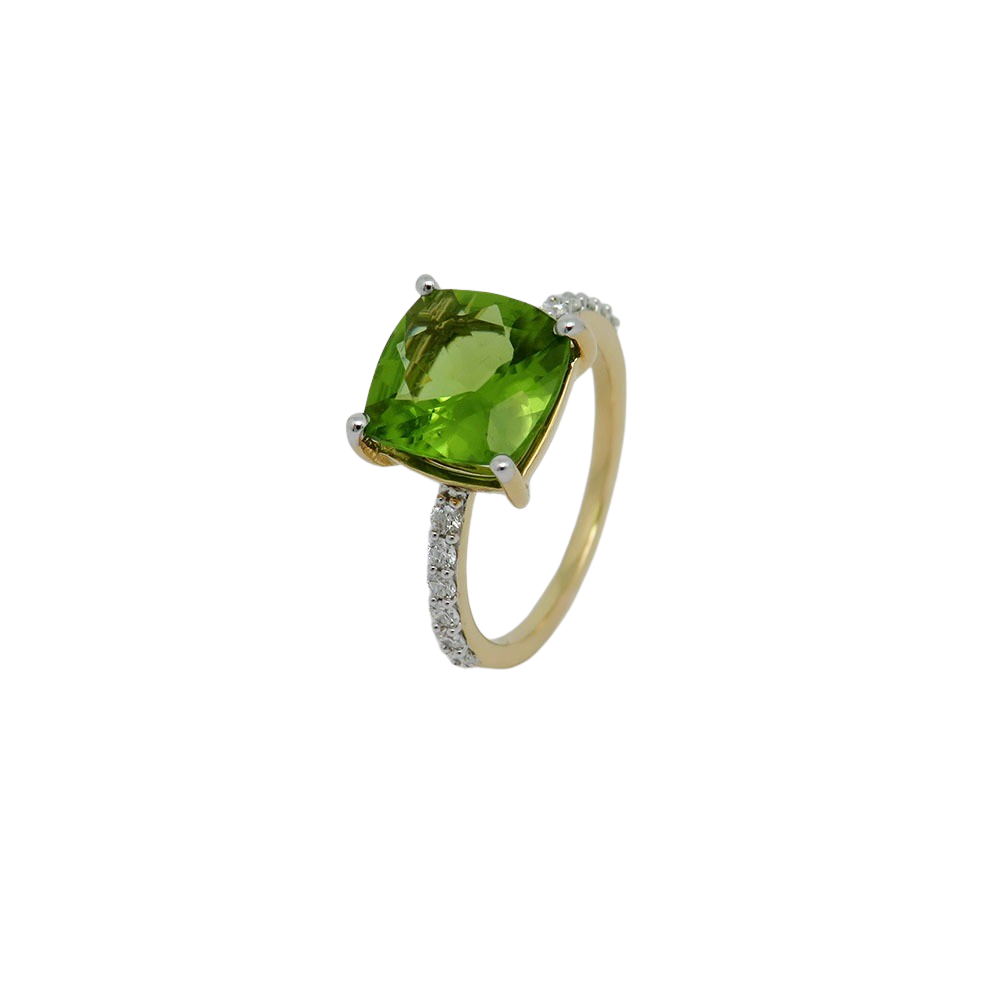 Ring with 0.26ct TW-si brilliant-cut diamond and 3.64ct peridot in 750/18K Yellow Gold size 54