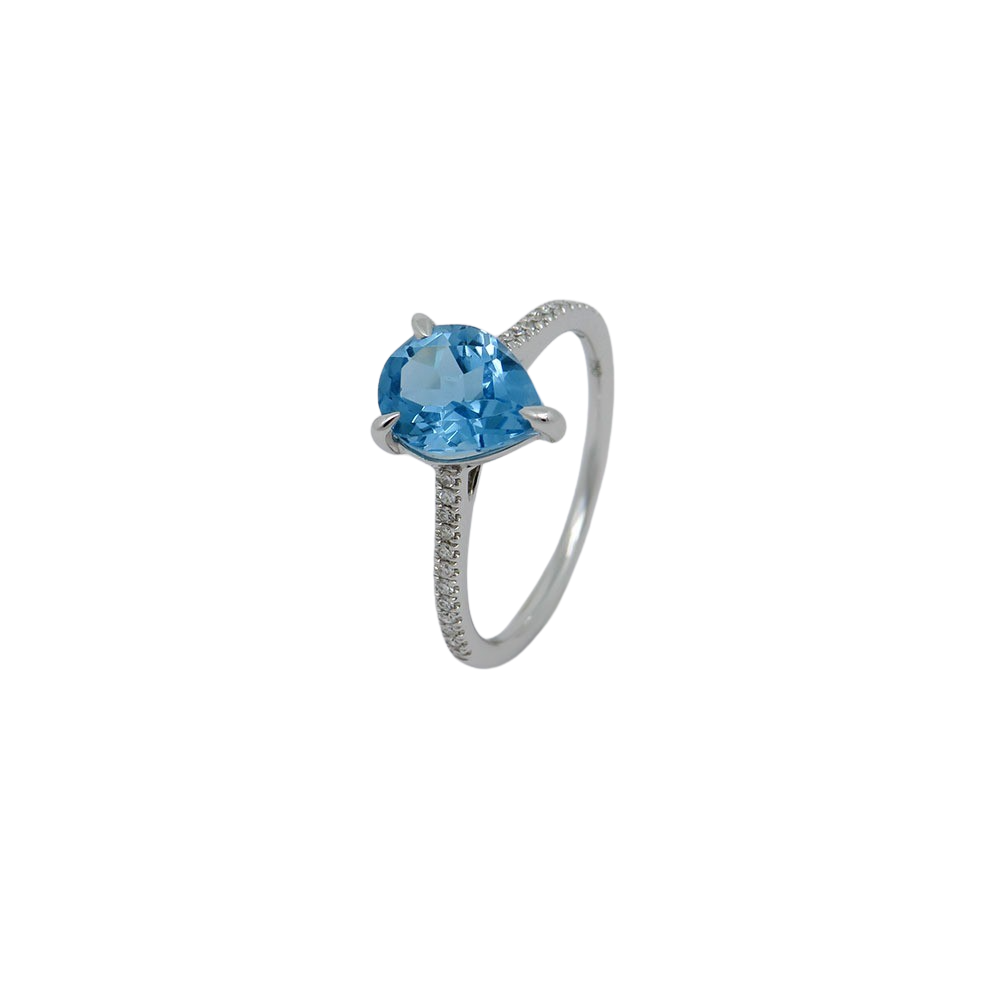 Ring with 0,09ct TW-si Diamond and 1,87ct blue topaz in 750/18K White Gold size 54