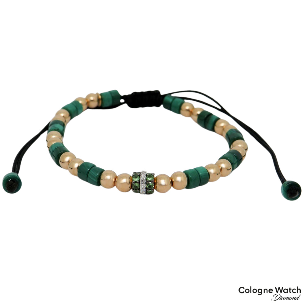 Jaibor pull bracelet with brilliant-cut diamond, tsavorite and malachite in 750/18K rose gold / nylon